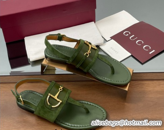 Charming Gucci Flat Thong Sandals in Suede Trim and Leather with Horsebit Green 0609125