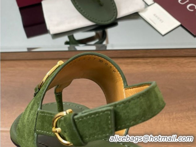 Charming Gucci Flat Thong Sandals in Suede Trim and Leather with Horsebit Green 0609125