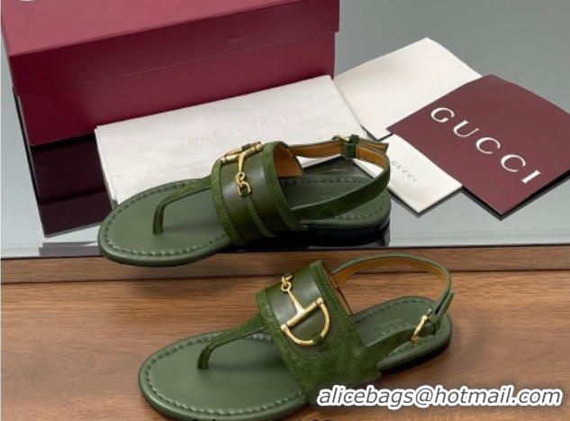 Charming Gucci Flat Thong Sandals in Suede Trim and Leather with Horsebit Green 0609125