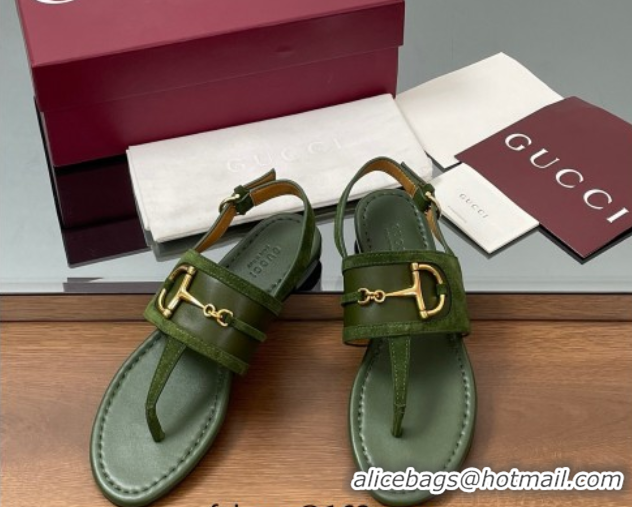 Charming Gucci Flat Thong Sandals in Suede Trim and Leather with Horsebit Green 0609125