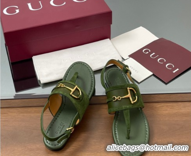 Charming Gucci Flat Thong Sandals in Suede Trim and Leather with Horsebit Green 0609125