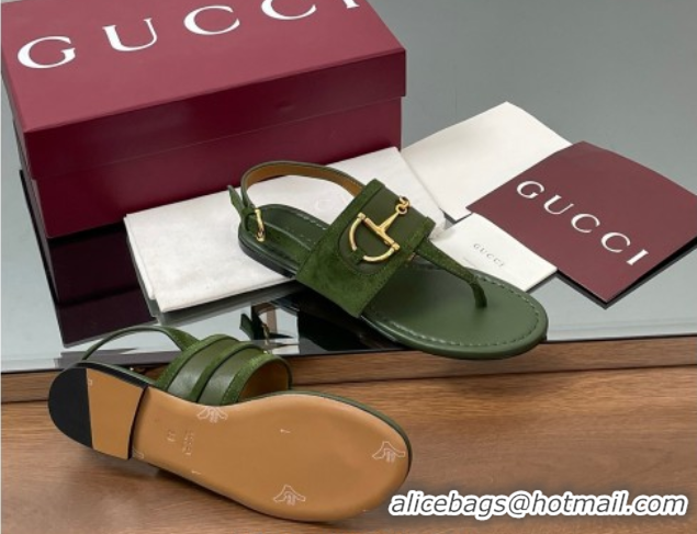 Charming Gucci Flat Thong Sandals in Suede Trim and Leather with Horsebit Green 0609125