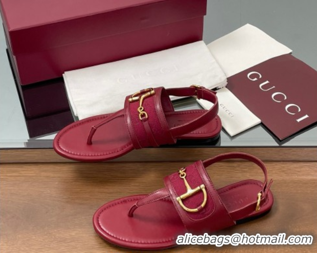 Popular Style Gucci Flat Thong Sandals in GG Canvas and Leather with Horsebit Red 0609127