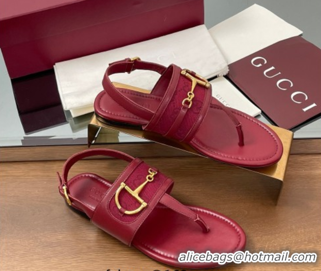 Popular Style Gucci Flat Thong Sandals in GG Canvas and Leather with Horsebit Red 0609127