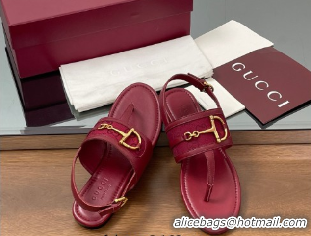 Popular Style Gucci Flat Thong Sandals in GG Canvas and Leather with Horsebit Red 0609127