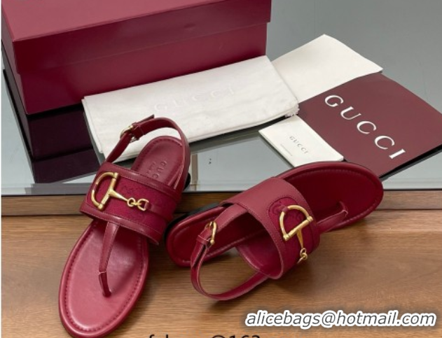 Popular Style Gucci Flat Thong Sandals in GG Canvas and Leather with Horsebit Red 0609127