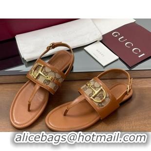 Sumptuous Gucci Flat Thong Sandals in GG Canvas and Leather with Horsebit Brown 0609128
