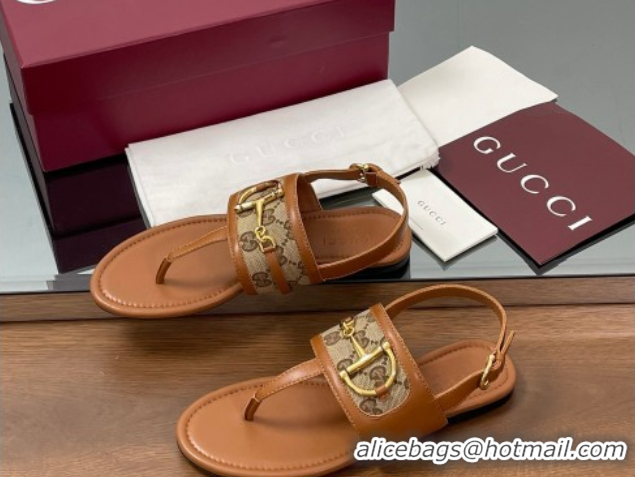 Sumptuous Gucci Flat Thong Sandals in GG Canvas and Leather with Horsebit Brown 0609128