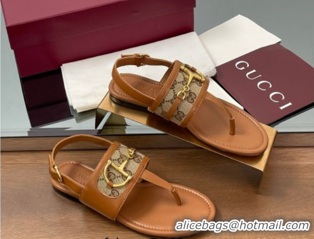 Sumptuous Gucci Flat Thong Sandals in GG Canvas and Leather with Horsebit Brown 0609128