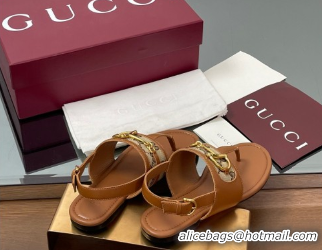 Sumptuous Gucci Flat Thong Sandals in GG Canvas and Leather with Horsebit Brown 0609128