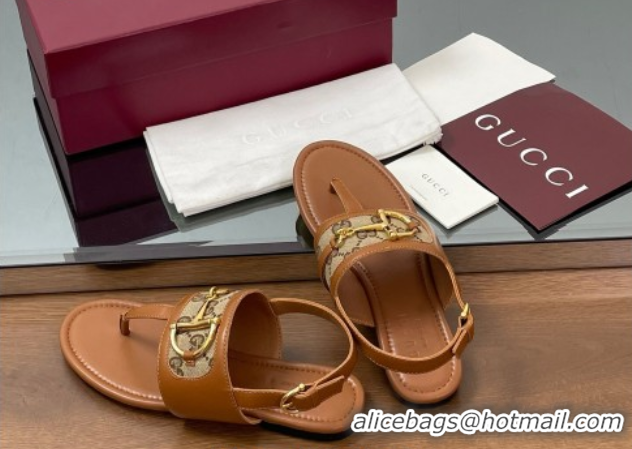 Sumptuous Gucci Flat Thong Sandals in GG Canvas and Leather with Horsebit Brown 0609128