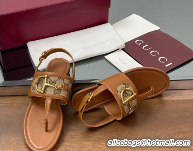 Sumptuous Gucci Flat Thong Sandals in GG Canvas and Leather with Horsebit Brown 0609128