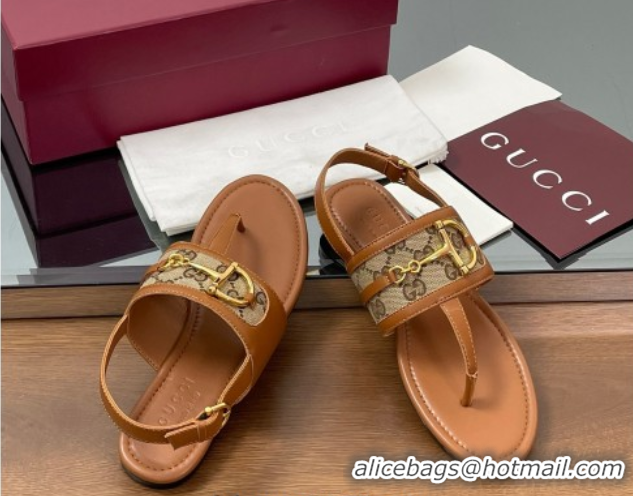 Sumptuous Gucci Flat Thong Sandals in GG Canvas and Leather with Horsebit Brown 0609128