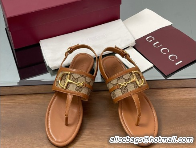 Sumptuous Gucci Flat Thong Sandals in GG Canvas and Leather with Horsebit Brown 0609128