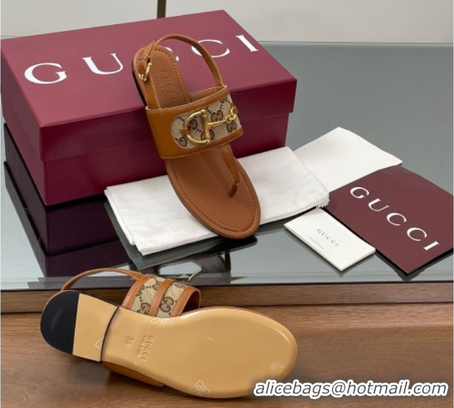 Sumptuous Gucci Flat Thong Sandals in GG Canvas and Leather with Horsebit Brown 0609128