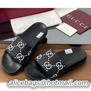 Luxury Cheap Gucci GG Rubber Flat Slides Sandal Black/White 0609130