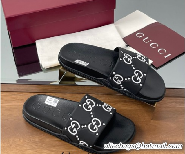 Luxury Cheap Gucci GG Rubber Flat Slides Sandal Black/White 0609130