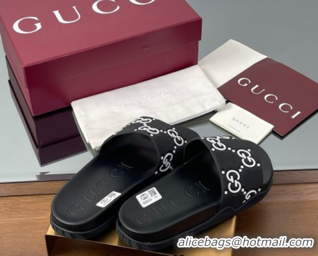 Luxury Cheap Gucci GG Rubber Flat Slides Sandal Black/White 0609130