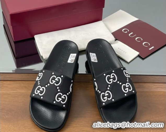 Luxury Cheap Gucci GG Rubber Flat Slides Sandal Black/White 0609130