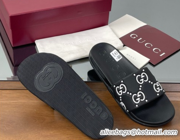 Luxury Cheap Gucci GG Rubber Flat Slides Sandal Black/White 0609130