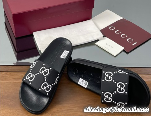 Luxury Cheap Gucci GG Rubber Flat Slides Sandal Black/White 0609130
