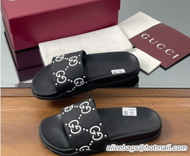 Luxury Cheap Gucci GG Rubber Flat Slides Sandal Black/White 0609130