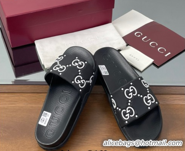 Luxury Cheap Gucci GG Rubber Flat Slides Sandal Black/White 0609130