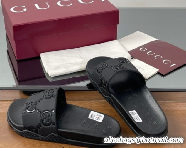 Luxury Gucci GG Rubber Flat Slides Sandal Black 0609131