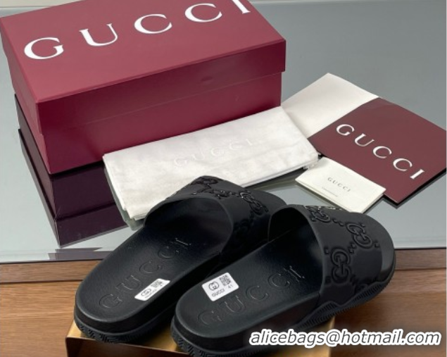 Luxury Gucci GG Rubber Flat Slides Sandal Black 0609131