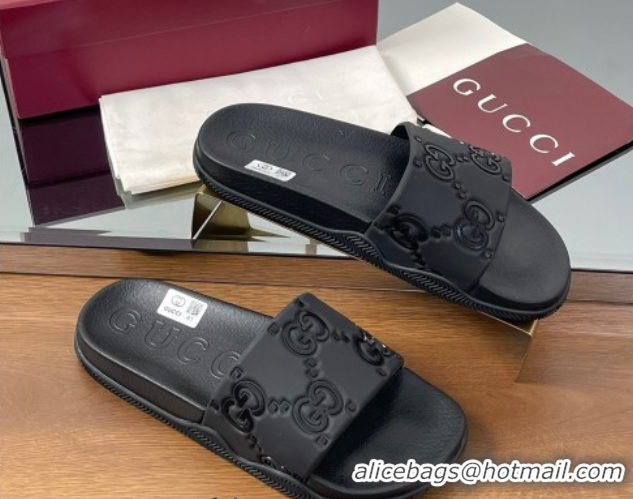 Luxury Gucci GG Rubber Flat Slides Sandal Black 0609131