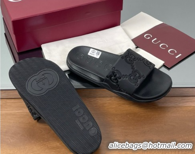 Luxury Gucci GG Rubber Flat Slides Sandal Black 0609131
