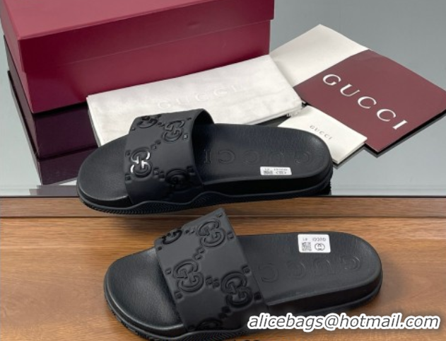 Luxury Gucci GG Rubber Flat Slides Sandal Black 0609131