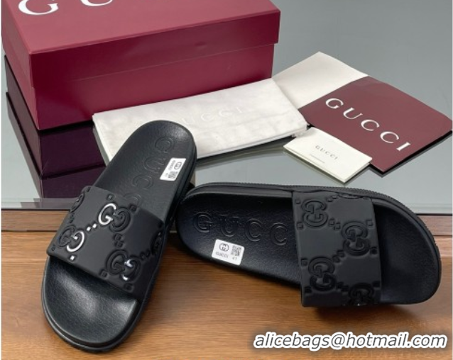 Luxury Gucci GG Rubber Flat Slides Sandal Black 0609131