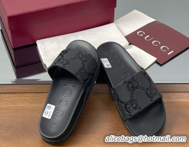 Luxury Gucci GG Rubber Flat Slides Sandal Black 0609131