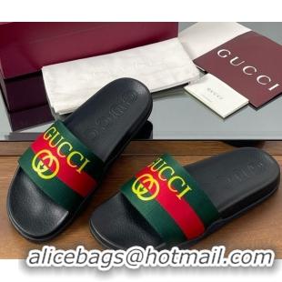 Top Design Gucci Web Flat Slides Sandal Green and Red 0609132