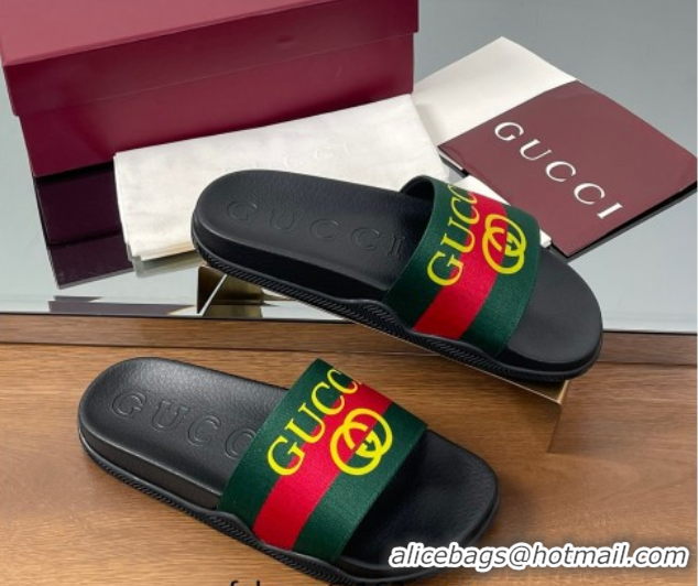 Top Design Gucci Web Flat Slides Sandal Green and Red 0609132
