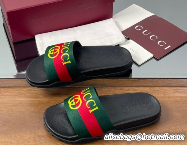 Top Design Gucci Web Flat Slides Sandal Green and Red 0609132
