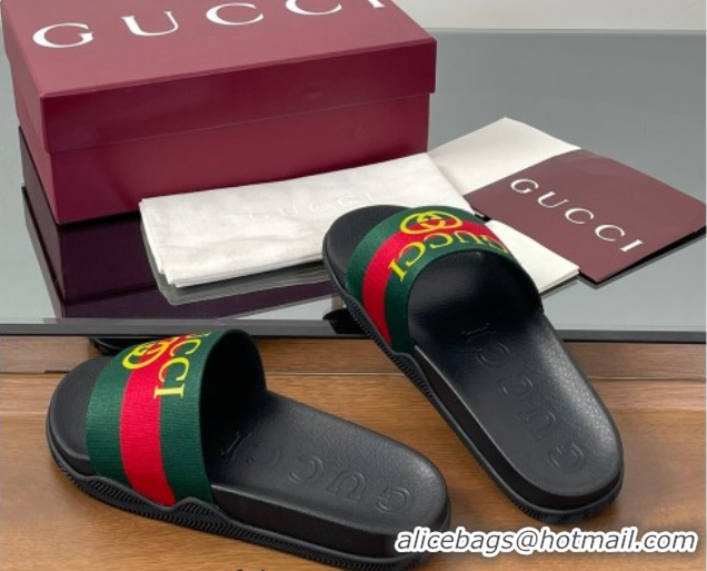 Top Design Gucci Web Flat Slides Sandal Green and Red 0609132