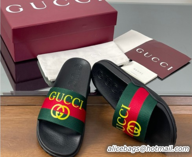 Top Design Gucci Web Flat Slides Sandal Green and Red 0609132
