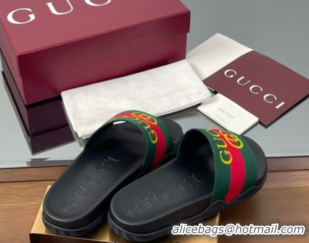 Top Design Gucci Web Flat Slides Sandal Green and Red 0609132