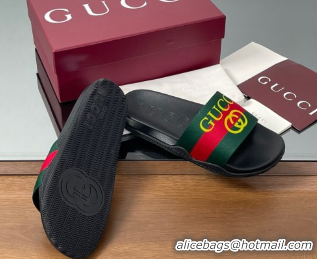 Top Design Gucci Web Flat Slides Sandal Green and Red 0609132