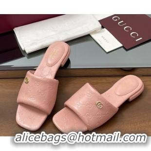 Shop Duplicate Gucci Flat Slides Sandal in GG Calf Leather Light Pink 0609133