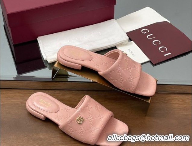 Shop Duplicate Gucci Flat Slides Sandal in GG Calf Leather Light Pink 0609133