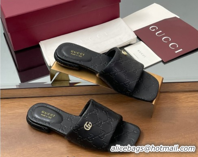 Big Discount Gucci Flat Slides Sandal in GG Calf Leather Black 0609134