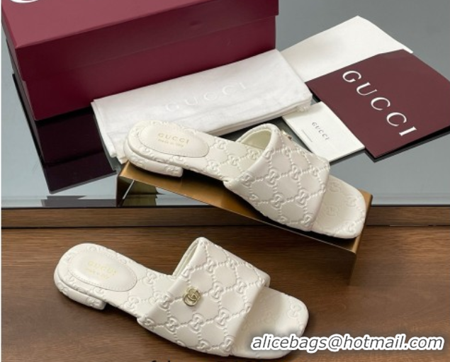 Duplicate Gucci Flat Slides Sandal in GG Calf Leather White 0609135