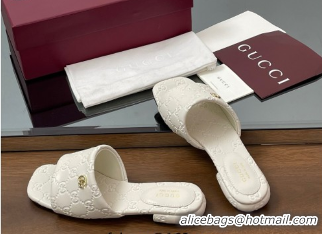 Duplicate Gucci Flat Slides Sandal in GG Calf Leather White 0609135
