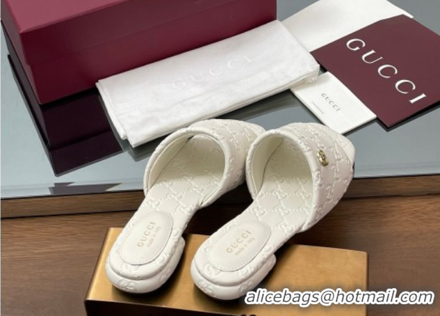 Duplicate Gucci Flat Slides Sandal in GG Calf Leather White 0609135