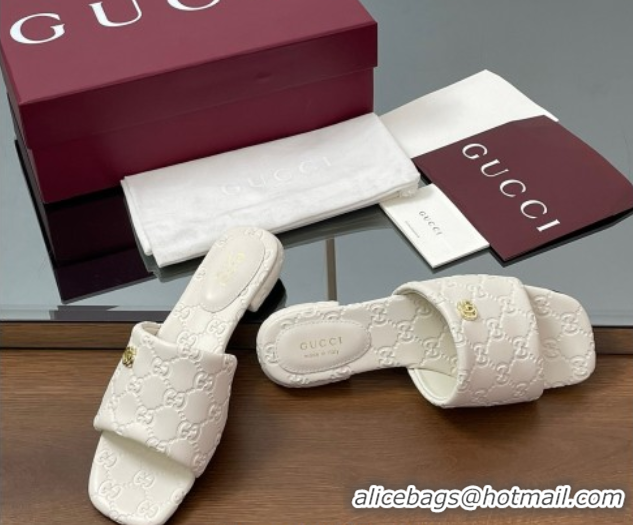 Duplicate Gucci Flat Slides Sandal in GG Calf Leather White 0609135