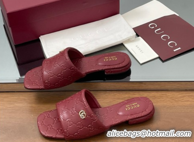 Luxury Discount Gucci Flat Slides Sandal in GG Calf Leather Red 0609136