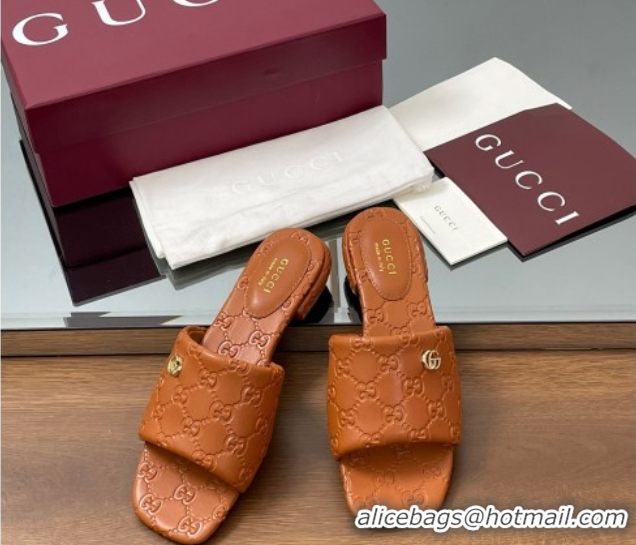 Luxury Gucci Flat Slides Sandal in GG Calf Leather Brown 0609137